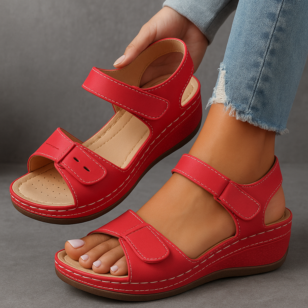 Adjustable women's orthopedic sandals with a comfortable wedge heel, offering arch and heel support.