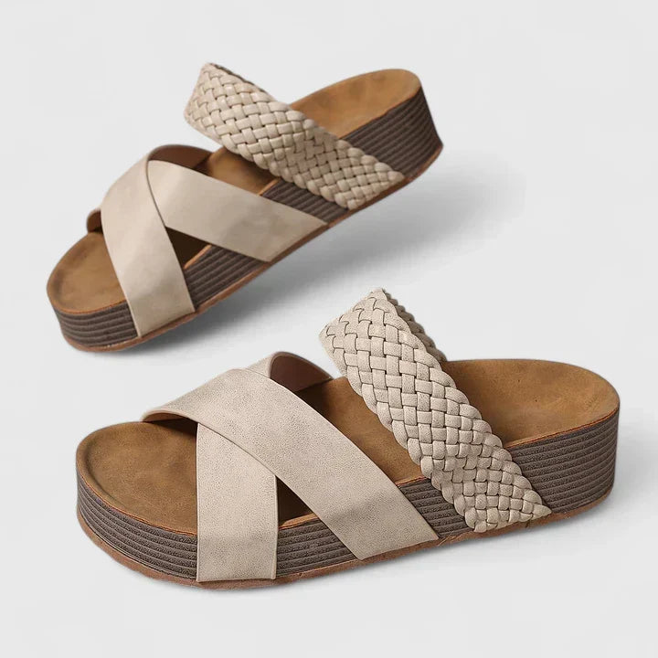 Women's orthopedic wedge platform sandals, woven crossover strap, arch support, cushioned footbed for comfort.