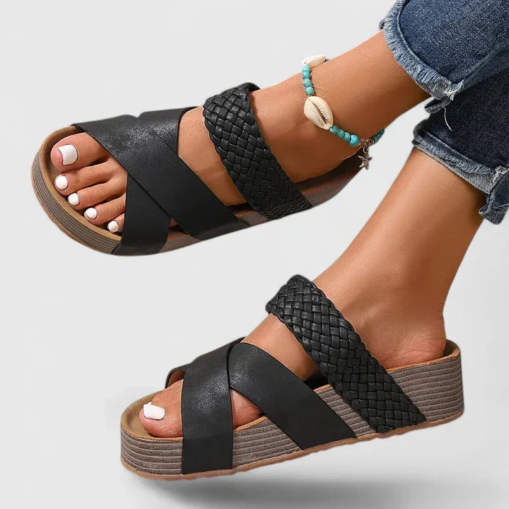 Comfortable women's wedge platform sandals, woven crossover design, arch support, perfect for summer resort wear.