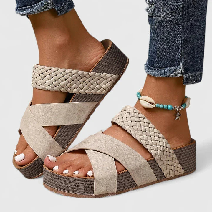 Slip-on open-toe women's platform wedge sandals with stylish woven crossover straps & orthopedic support.