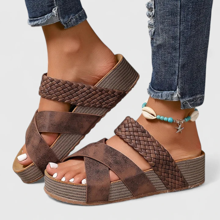 Women's summer fashion wedge platform sandals, comfortable with woven crossover strap, orthopedic support & open toe.
