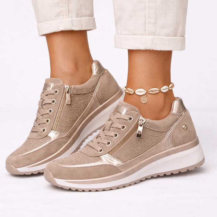 Chic women's orthopedic wedge sneakers, providing elevated style & supportive comfort for everyday walking & casual wear.