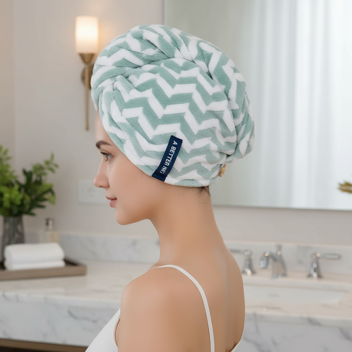 Women's oversize striped turban hair towel, quick dry, absorbent polyester head wrap for hair care