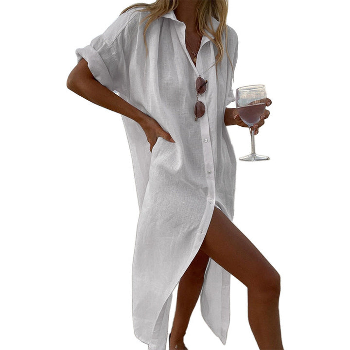 Women's button-down roll sleeve beach shirt dress, an oversized cover-up for summer fashion & resort wear.
