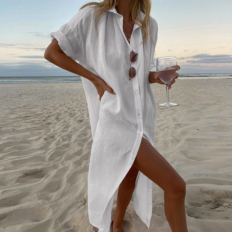 Comfortable women's oversized shirt dress, button-down, roll sleeve, perfect beach cover-up or casual summer outfit.