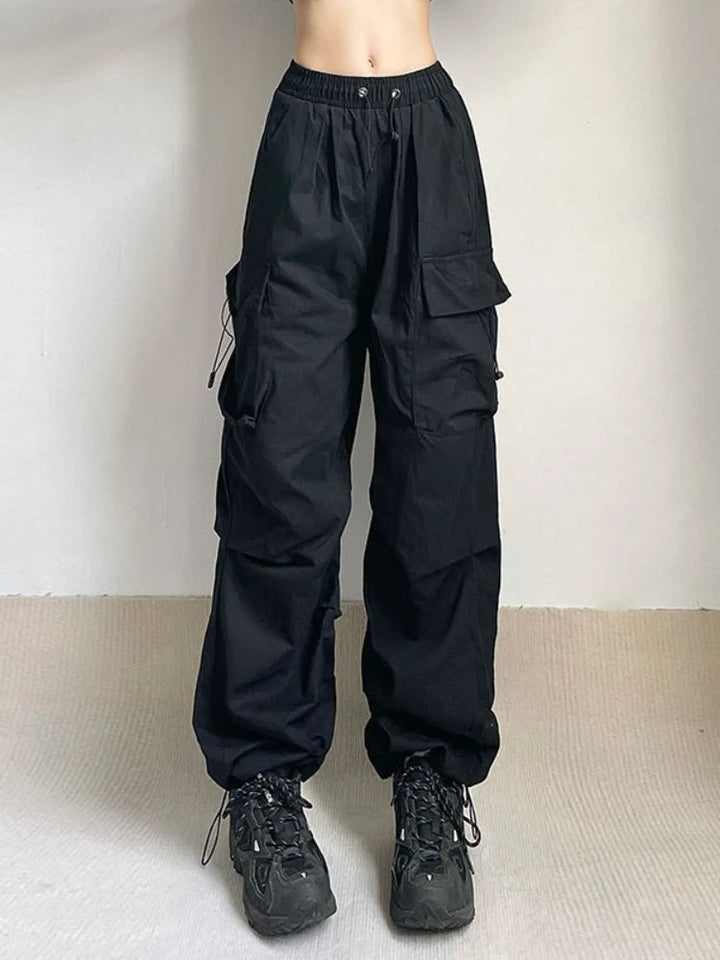 Back view of women's oversized cargo pants, highlighting the relaxed wide leg and comfortable fit.
