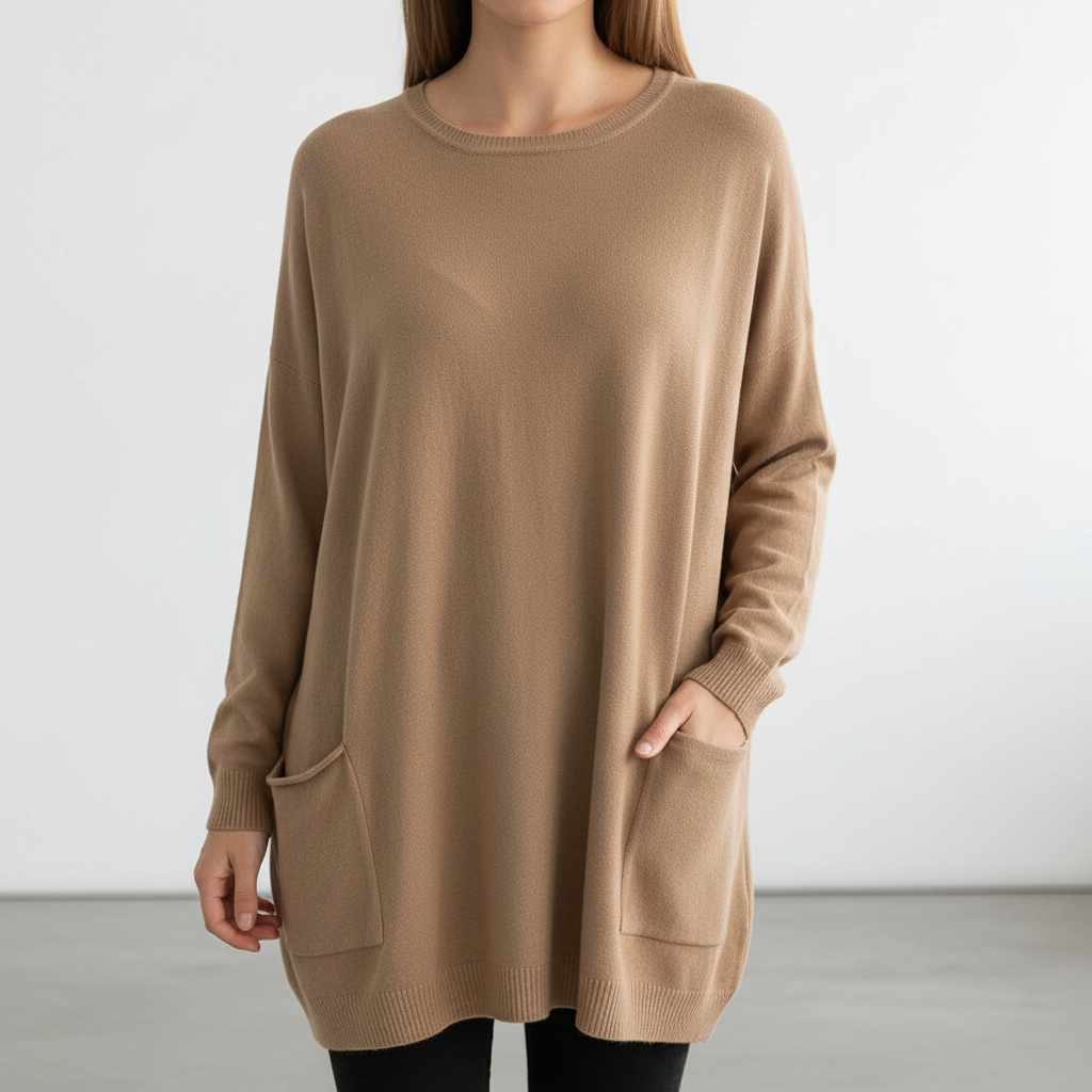 Front view of a women's oversized long sleeve sweater, showcasing its relaxed silhouette and Marlene cut.