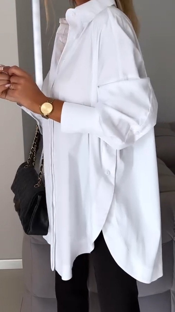 Comfortable plus size women's oversized collared blouse, a versatile long sleeve top.