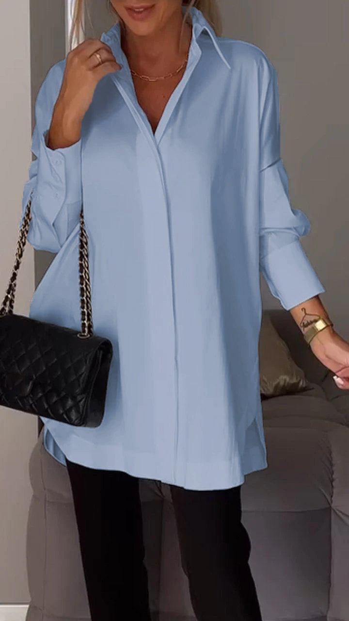 Chic women's oversized long sleeve blouse with a sophisticated collar, perfect for work or leisure.