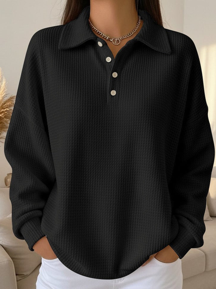 Versatile women's Henley collared jumper, oversized fit, perfect as a stylish long sleeve fall sweater.