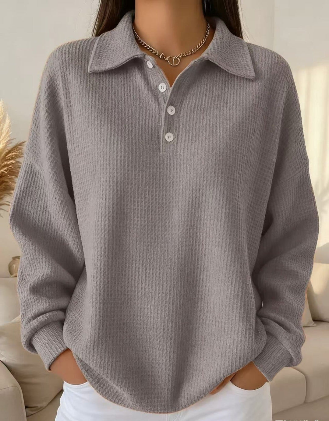Comfortable women's oversized collared Henley jumper, stylish fall sweater with drop shoulder for casual wear.
