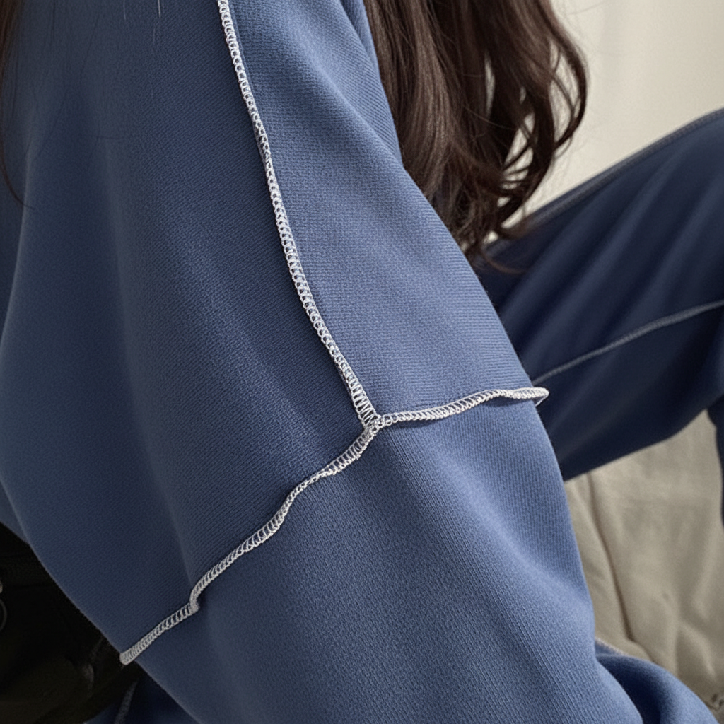 Close-up of the fabric texture on a women's cozy oversized lounge suit, comfortable athleisure