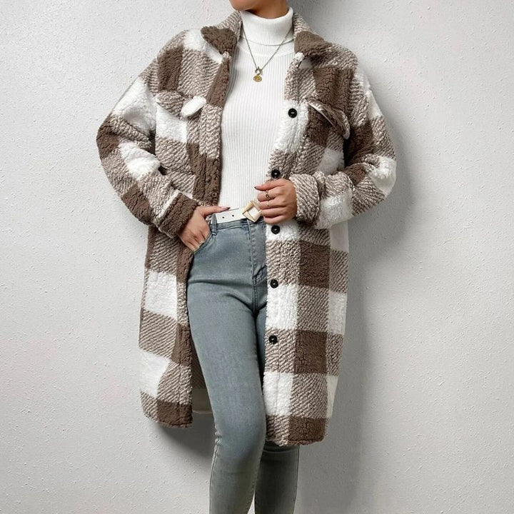 Women's oversized cozy plaid shacket, perfect fall layering piece for casual autumn fashion.