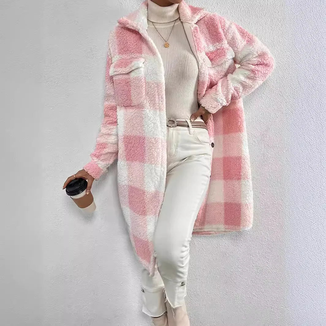 Versatile women's oversized plaid shacket, ideal cozy outerwear & layering piece for autumn.