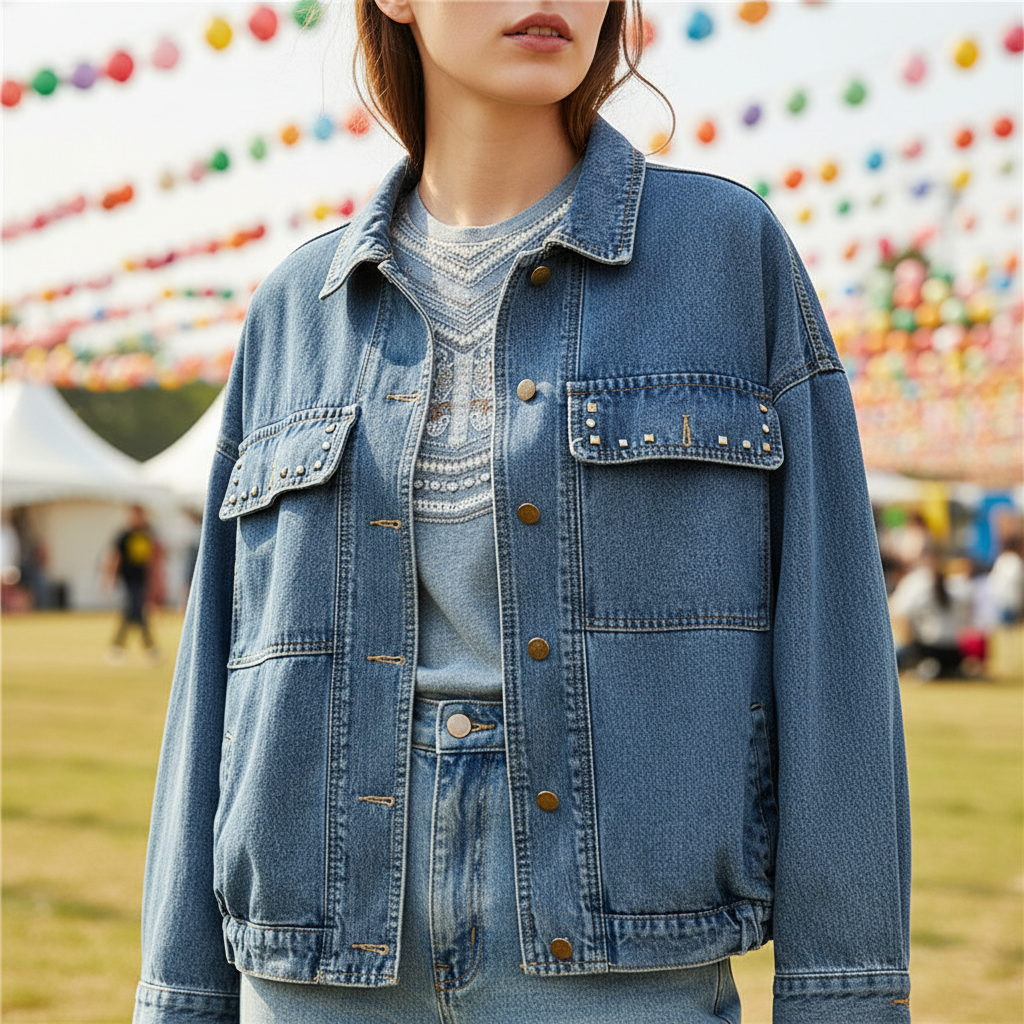 Women's oversized denim jacket, Theresa, with floral print & chic fringe detailing, perfect for boho style.