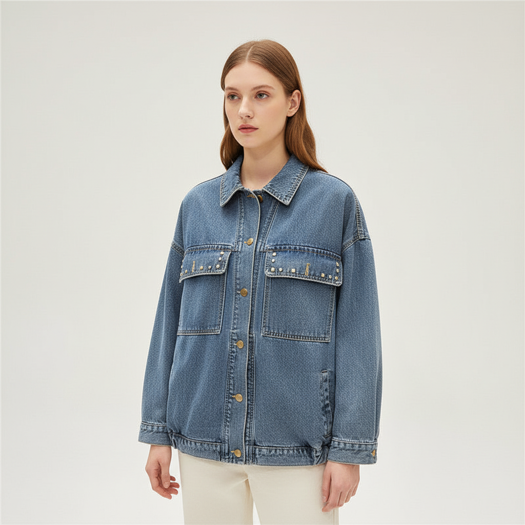 Boho style women's oversized denim jacket, Theresa, featuring unique floral patterns and trendy fringe.