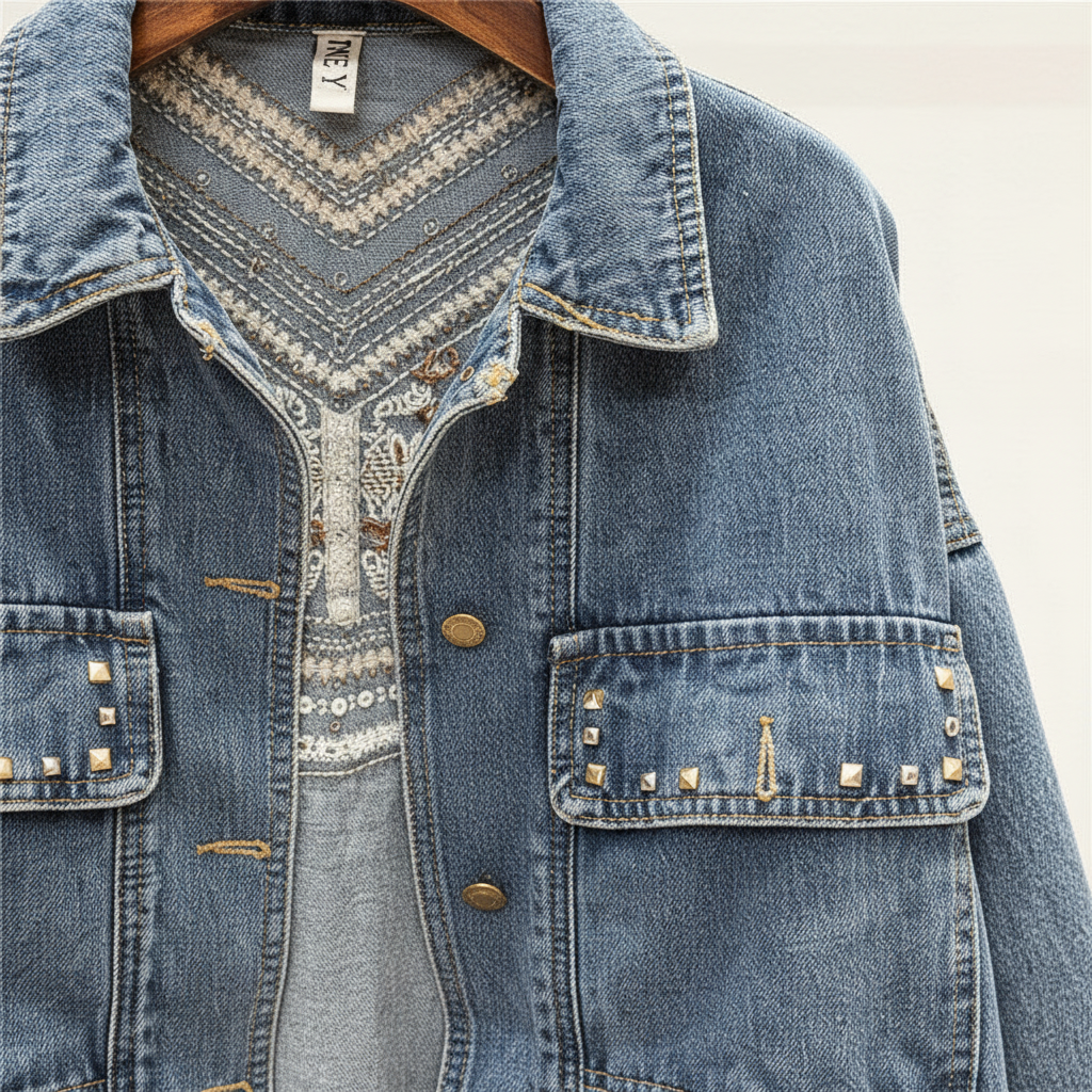 Casual women's Theresa oversized denim jacket with eye-catching floral print and stylish fringe accents.