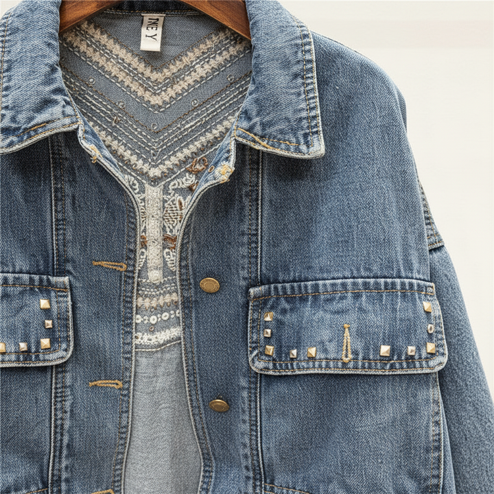 Casual women's Theresa oversized denim jacket with eye-catching floral print and stylish fringe accents.
