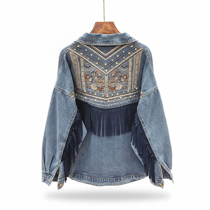 Fashionable women's denim jacket, Theresa, in an oversized fit, adorned with beautiful floral and fringe.