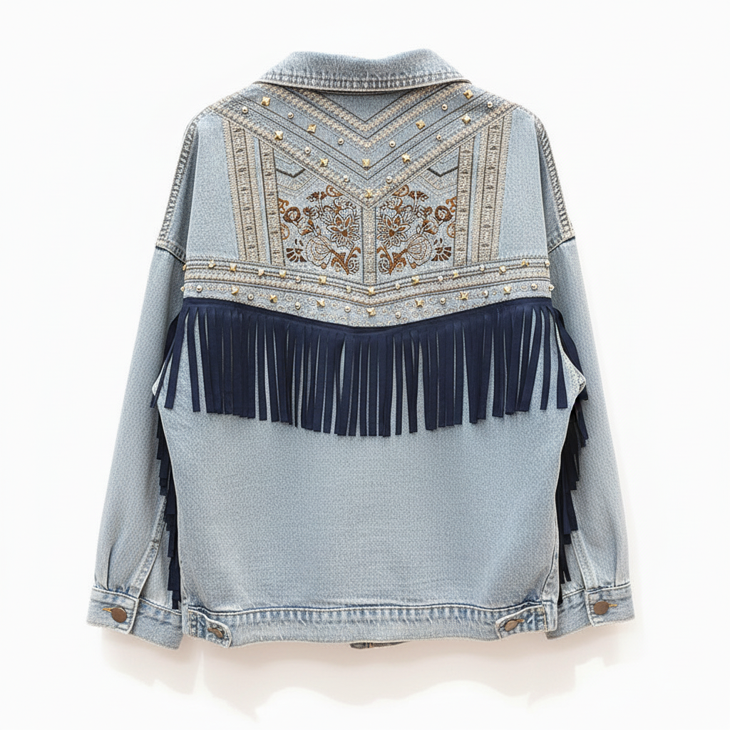 Outerwear: Women's Theresa oversized denim jacket showcasing an intricate floral print and playful fringe.