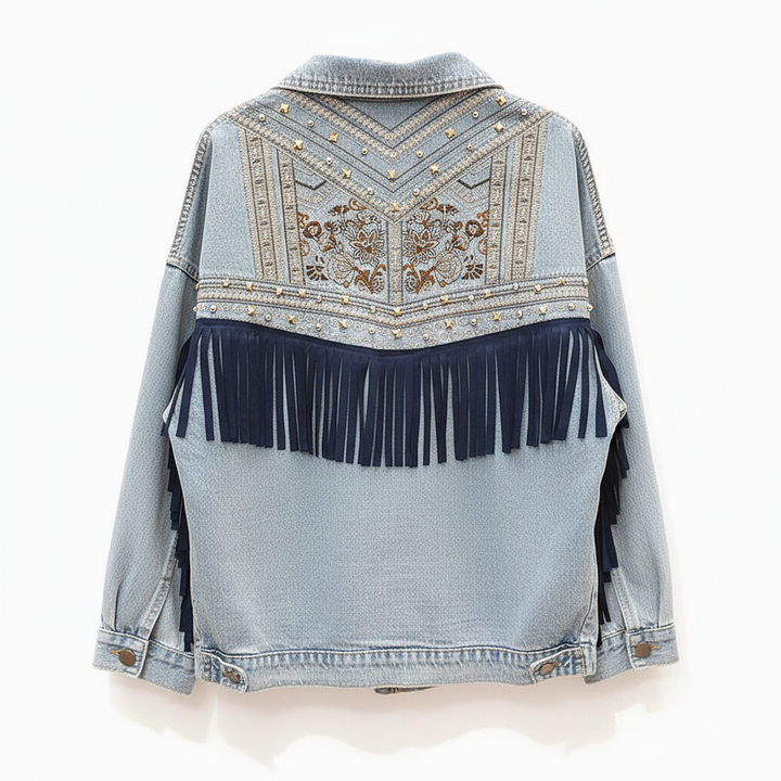 Outerwear: Women's Theresa oversized denim jacket showcasing an intricate floral print and playful fringe.