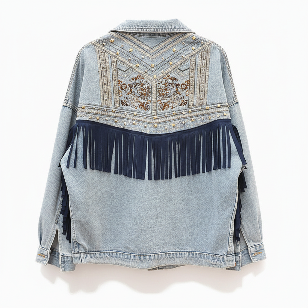 Theresa women's oversized denim jacket, a perfect blend of floral elegance and boho fringe style.