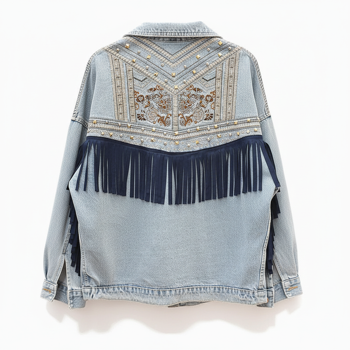 Theresa women's oversized denim jacket, a perfect blend of floral elegance and boho fringe style.
