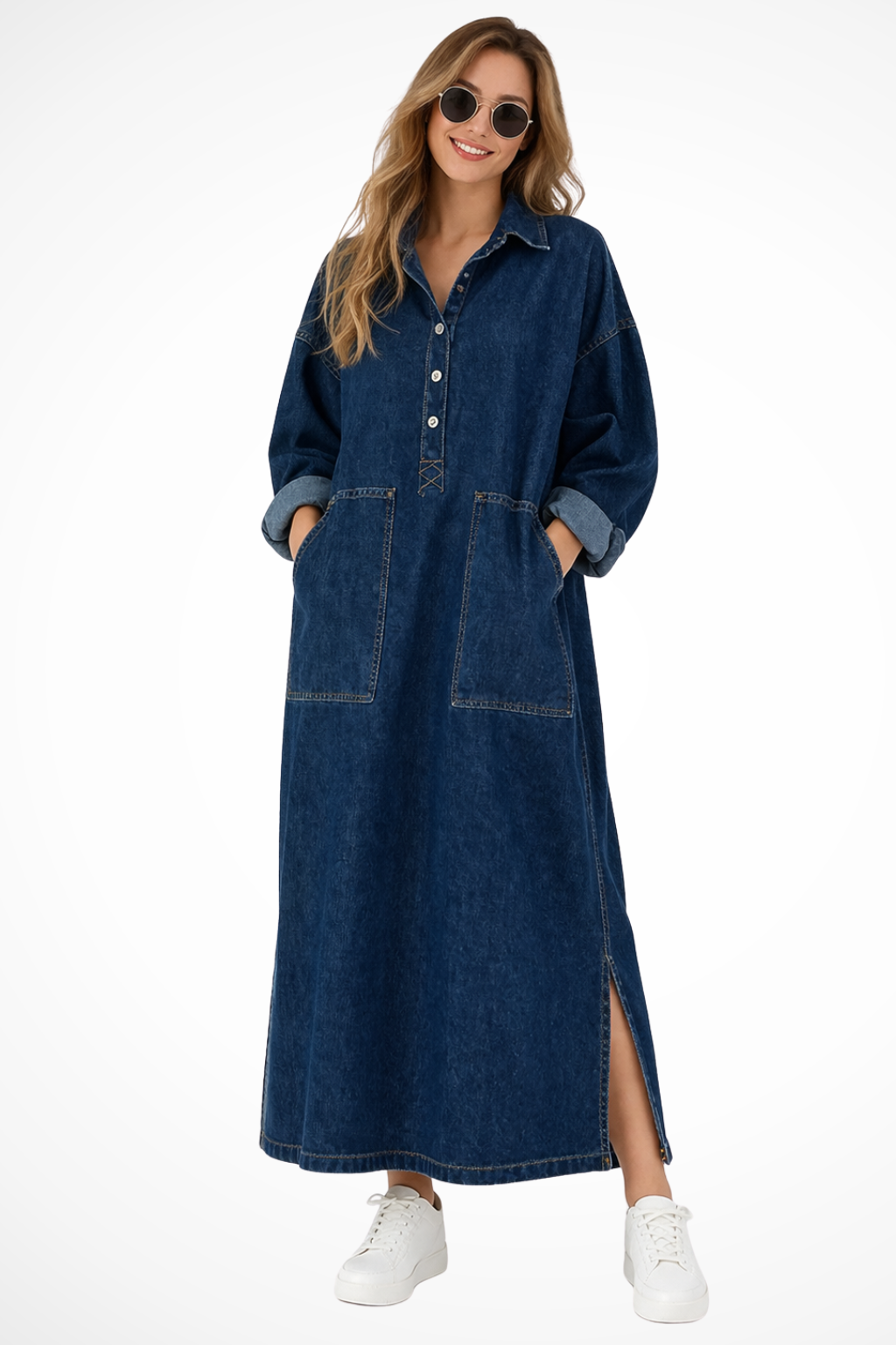 Women's oversized denim maxi shirt dress with pockets, casual and stylish for everyday wear.