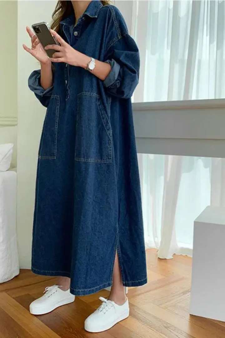 Blue denim oversized shirt dress for women, a comfortable long maxi with practical pockets.