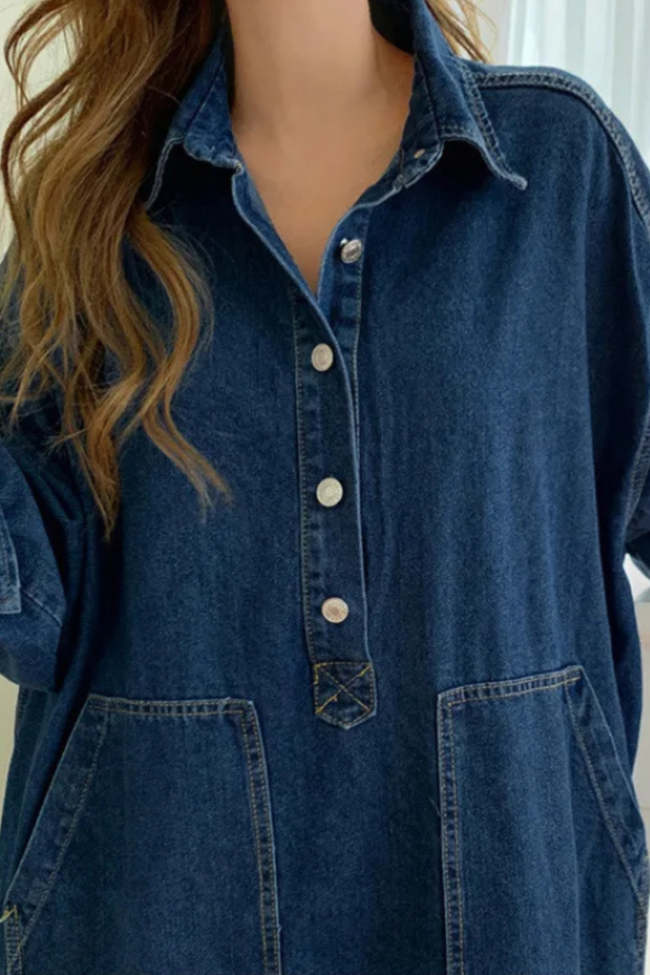 Stylish women's button-front denim maxi dress, oversized fit with pockets, perfect for spring/fall.
