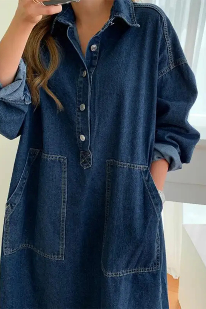 Casual oversized denim maxi dress for women, a comfortable blue shirt dress ideal for everyday style.
