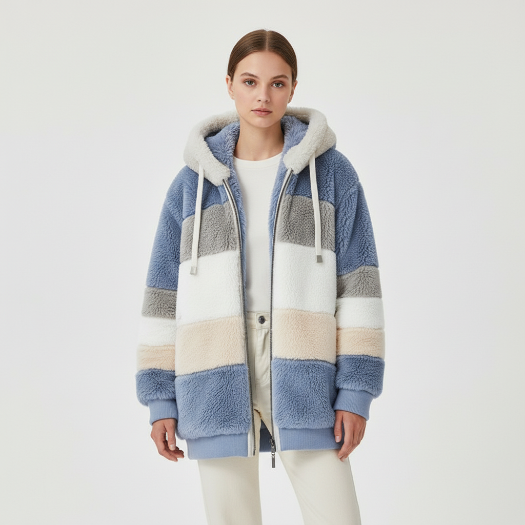 Stylish women's oversized fleece vest with hood, side profile, warm and comfortable outerwear