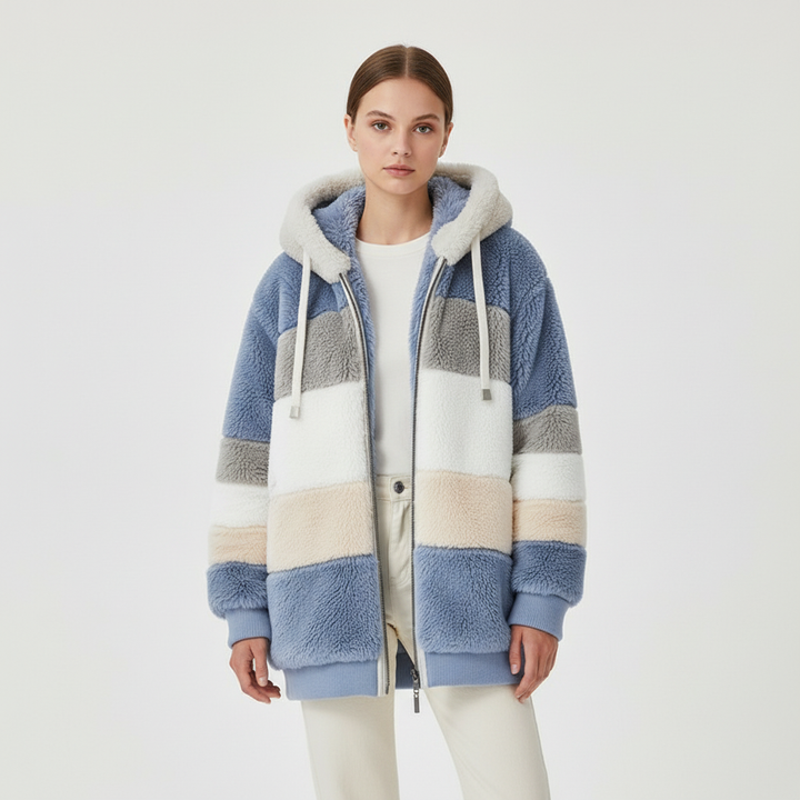 Stylish women's oversized fleece vest with hood, side profile, warm and comfortable outerwear
