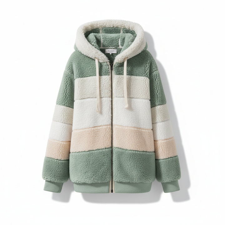 Woman wearing an oversized fleece hooded vest, casually styled for winter comfort