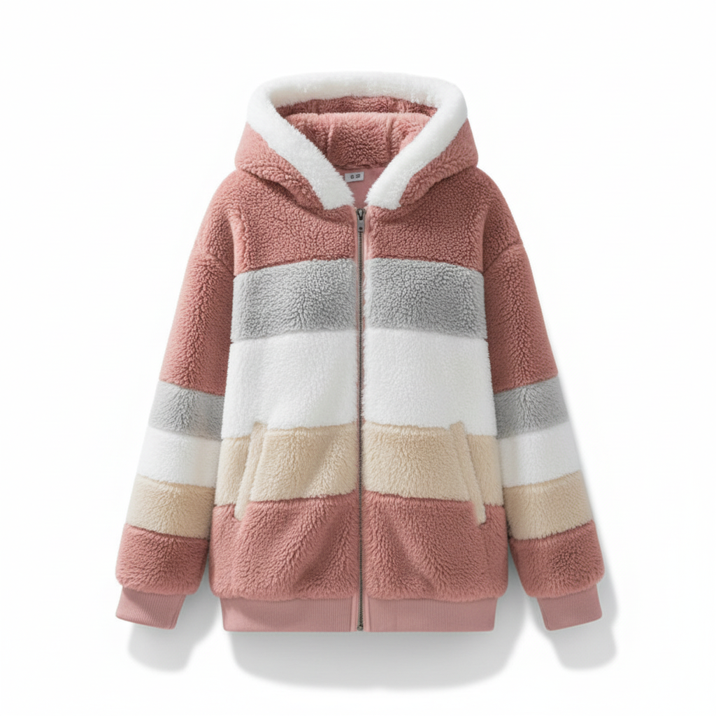 Back view of a women's oversized fleece gilet with a spacious hood, modern winter wear