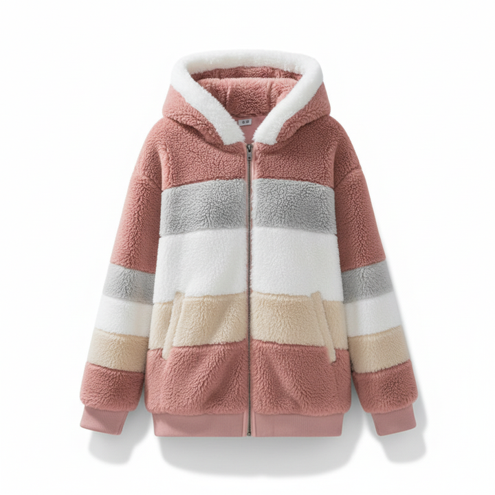 Back view of a women's oversized fleece gilet with a spacious hood, modern winter wear