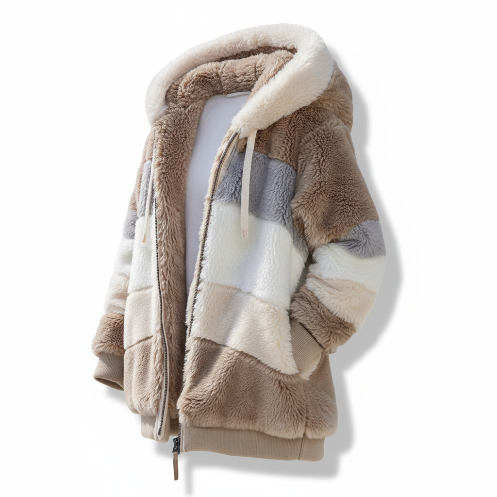 Detail of the hood and drawstring on a women's oversized fleece vest, functional and chic