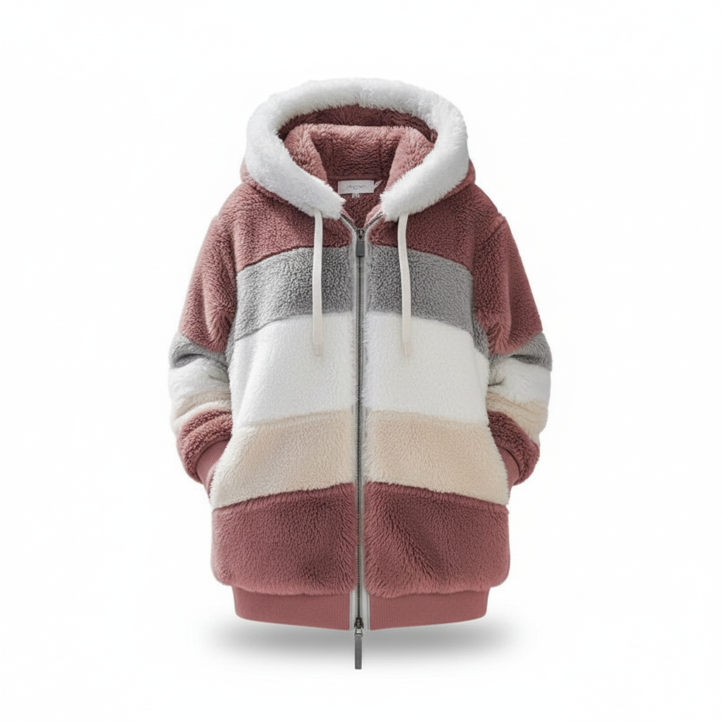 Full-length shot of a woman in an oversized fleece hooded vest, perfect for layering