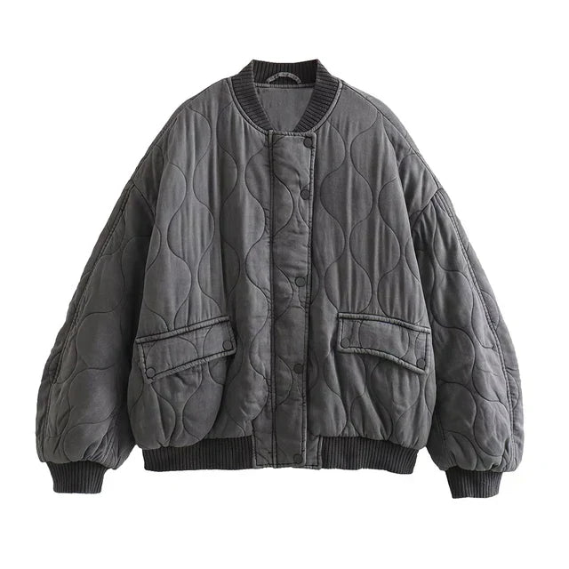 Women's oversized gray bomber jacket, chic & comfortable for trendy spring & fall fashion.