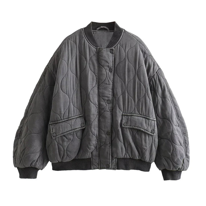 Loose fit women's gray bomber jacket, versatile casual outerwear for stylish everyday wear.