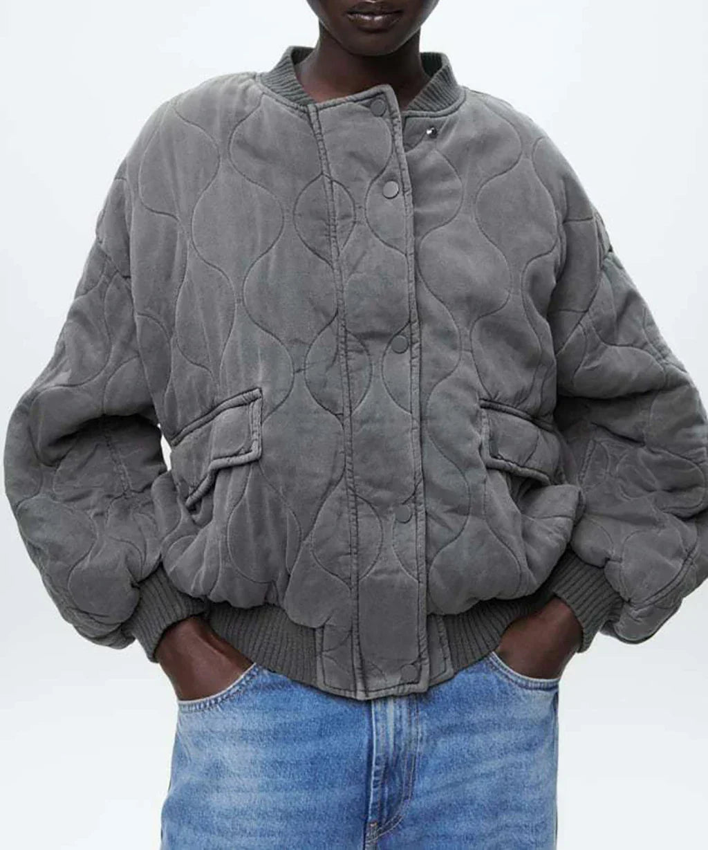 Gray oversized bomber jacket for women, a trendy and versatile loose-fit outerwear piece.