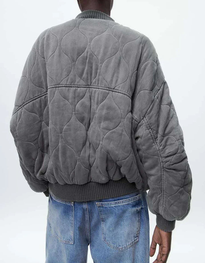 Chic women's gray bomber jacket, an oversized style perfect for casual spring & fall fashion.