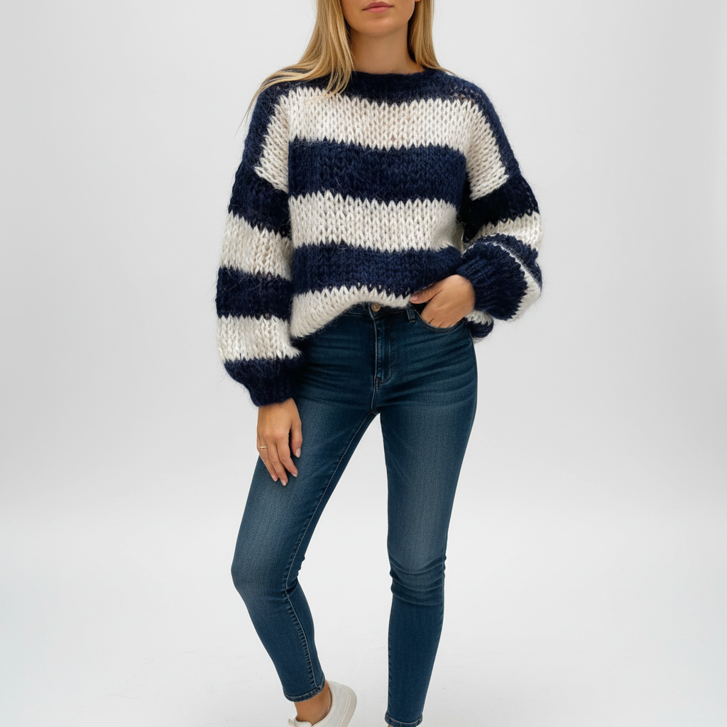 Striped knit oversized sweater for women, featuring a comfortable fit and soft fabric texture.