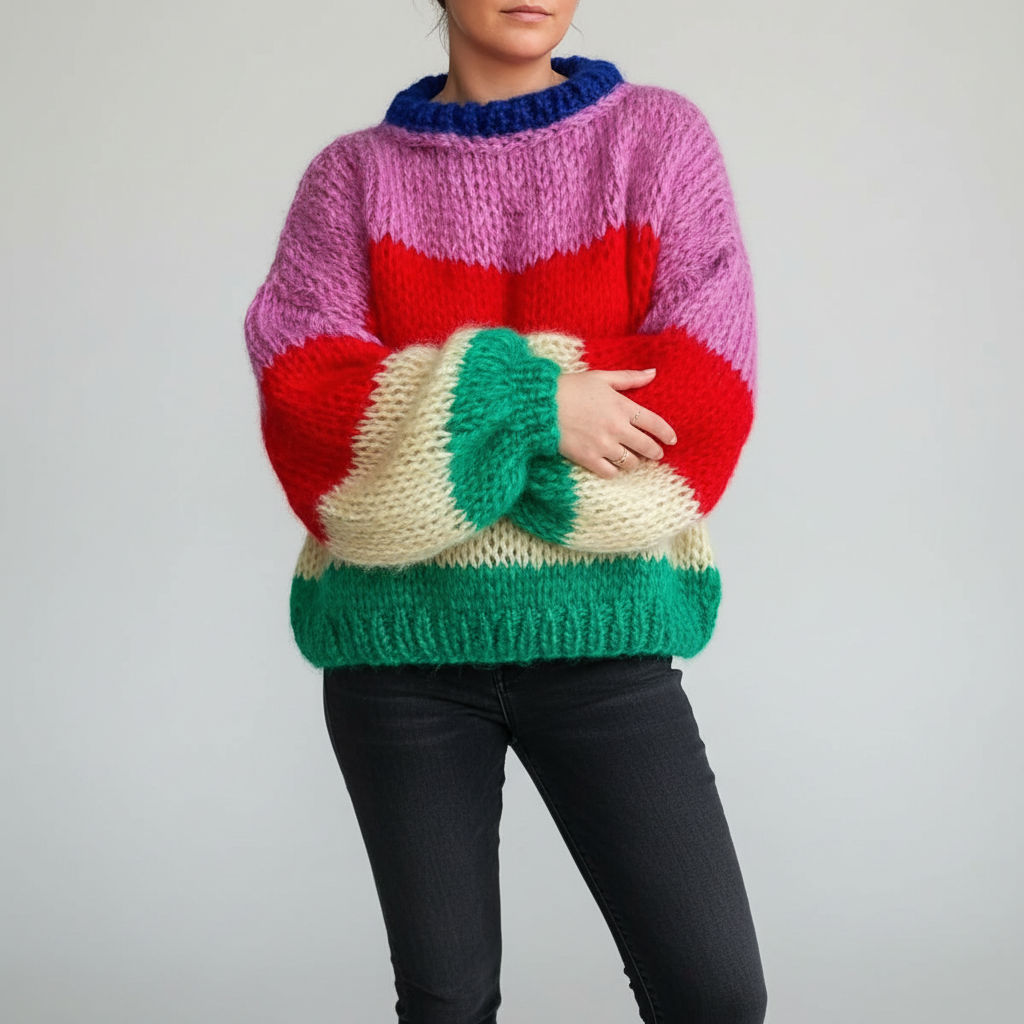 Soft knit oversized sweater for women, adorned with a chic striped design, prioritizing comfort.