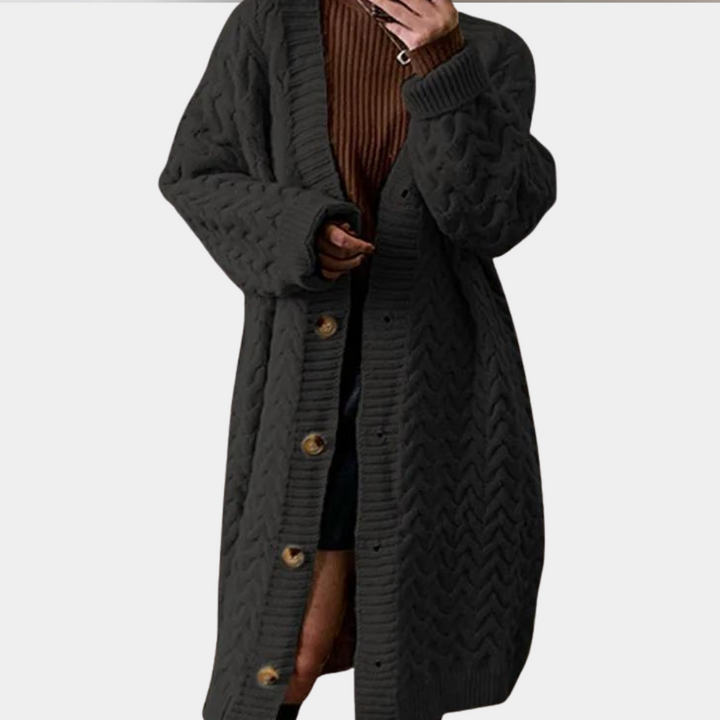 Women's oversized long knit cardigan in a relaxed fit, perfect for comfortable casual layering in fall & winter.