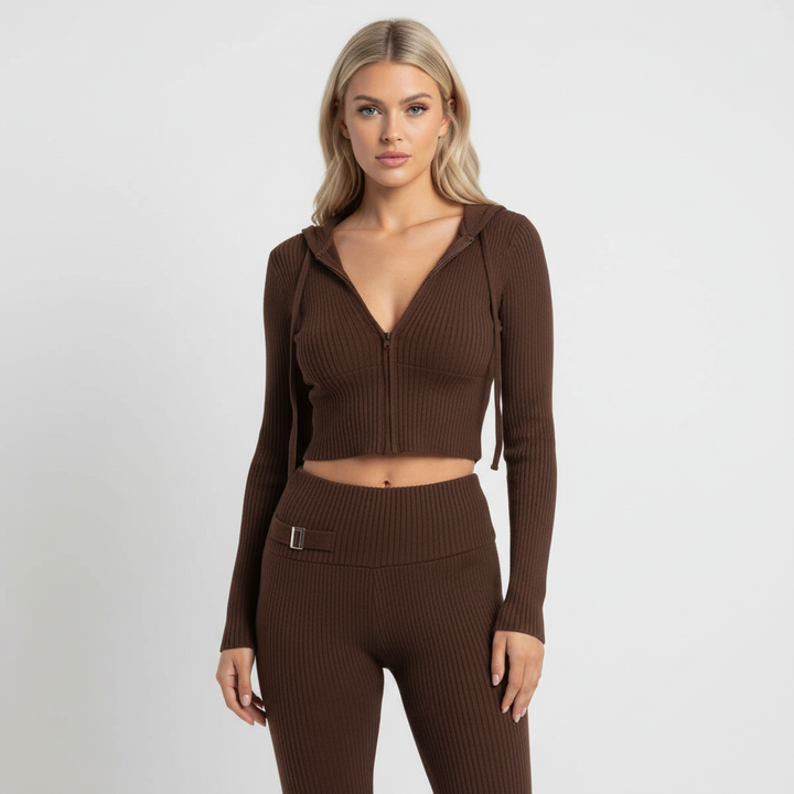 Soft women's oversized lounge suit Emilia, featuring a relaxed hoodie and fashionable flared trousers