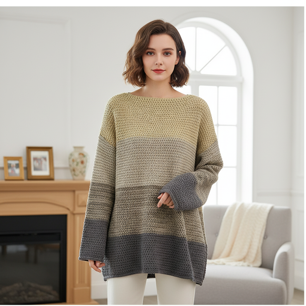Women's oversized patchwork knitted sweater, cozy autumn fashion