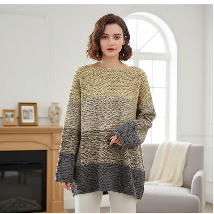 Women's oversized patchwork knitted sweater, cozy autumn fashion