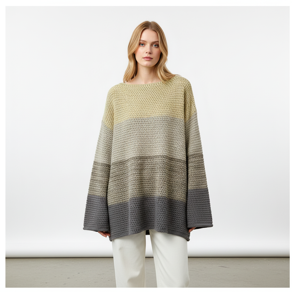 Stylish women's oversized knitted sweater with unique patchwork design