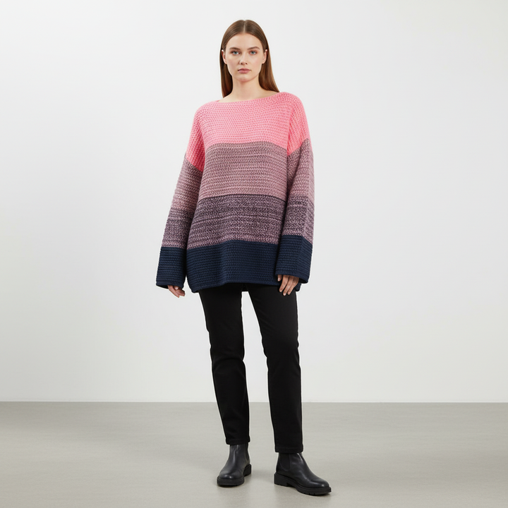 Warm women's knitted sweater, oversized with varied patchwork details